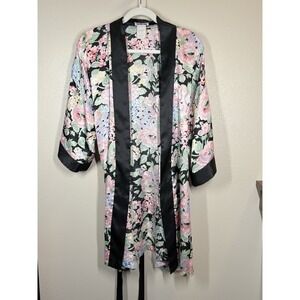 LA Intimates VTG Satin Pink Black‎ Floral Kimono Belted Robe Womens S/M  USA
